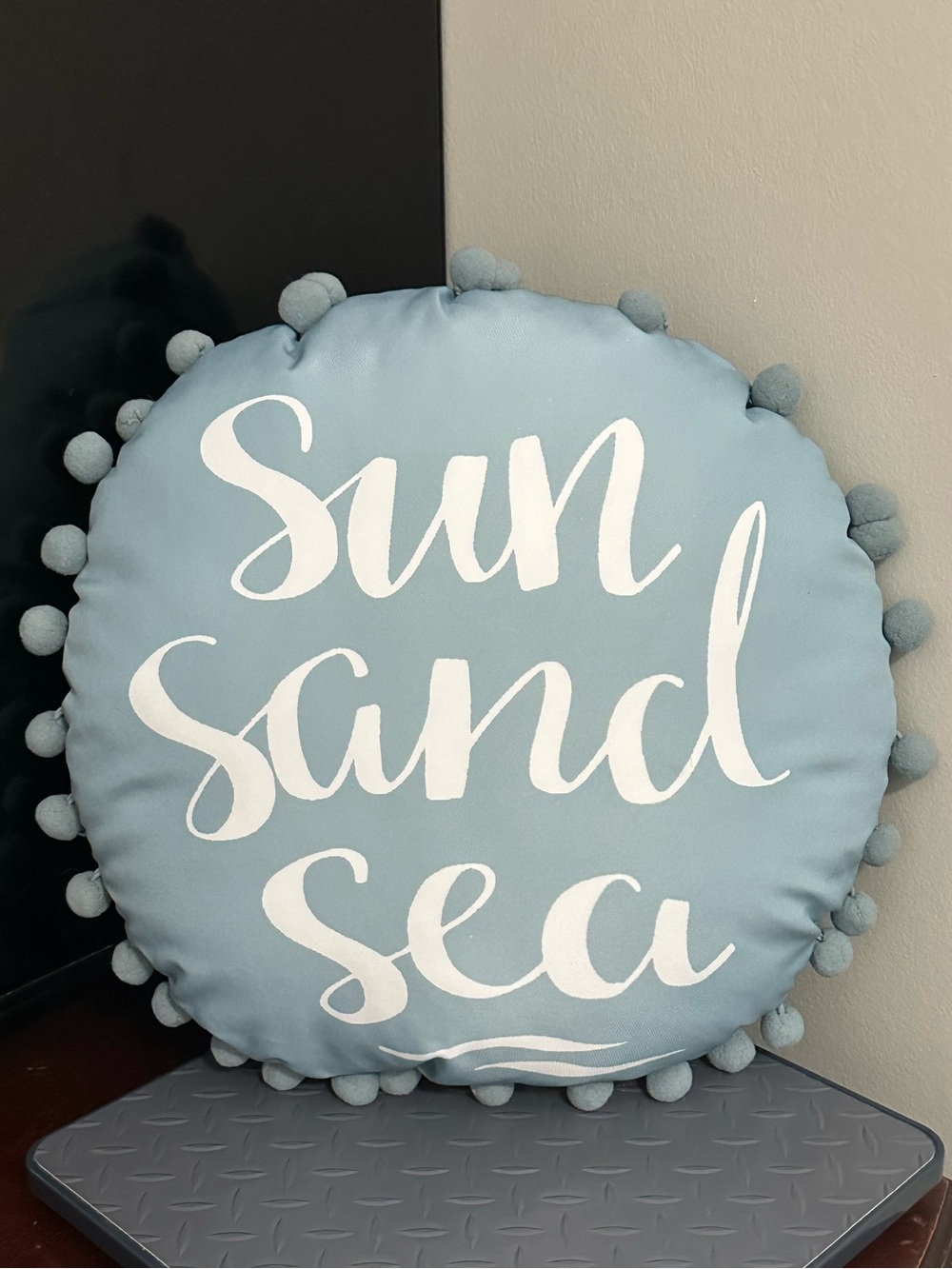 Blue and White Sun Sand Sea Throw Pillow with Pom Pom Trim